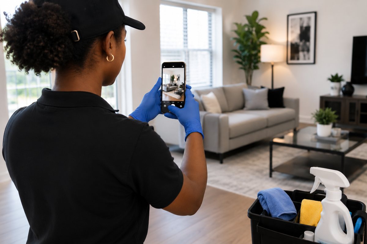 A cleaner documenting completed work on the AGM Cloud app