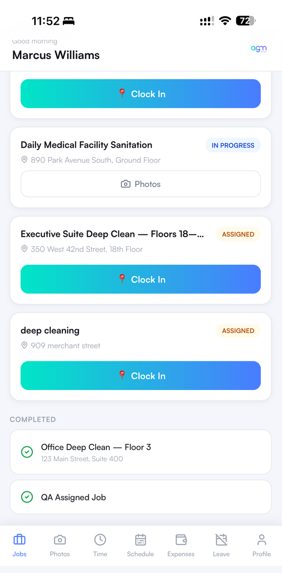 AGM Cloud worker app jobs and clock-in screen